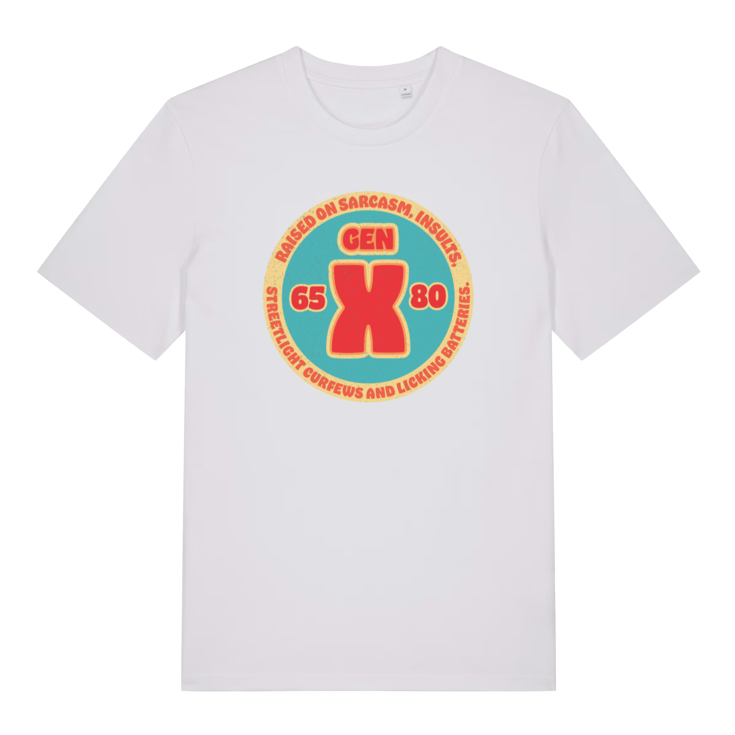 White Gen X T-shirt flat lay with classic Gen X raised on sarcasm illustration