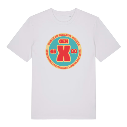 White Gen X T-shirt flat lay with classic Gen X raised on sarcasm illustration