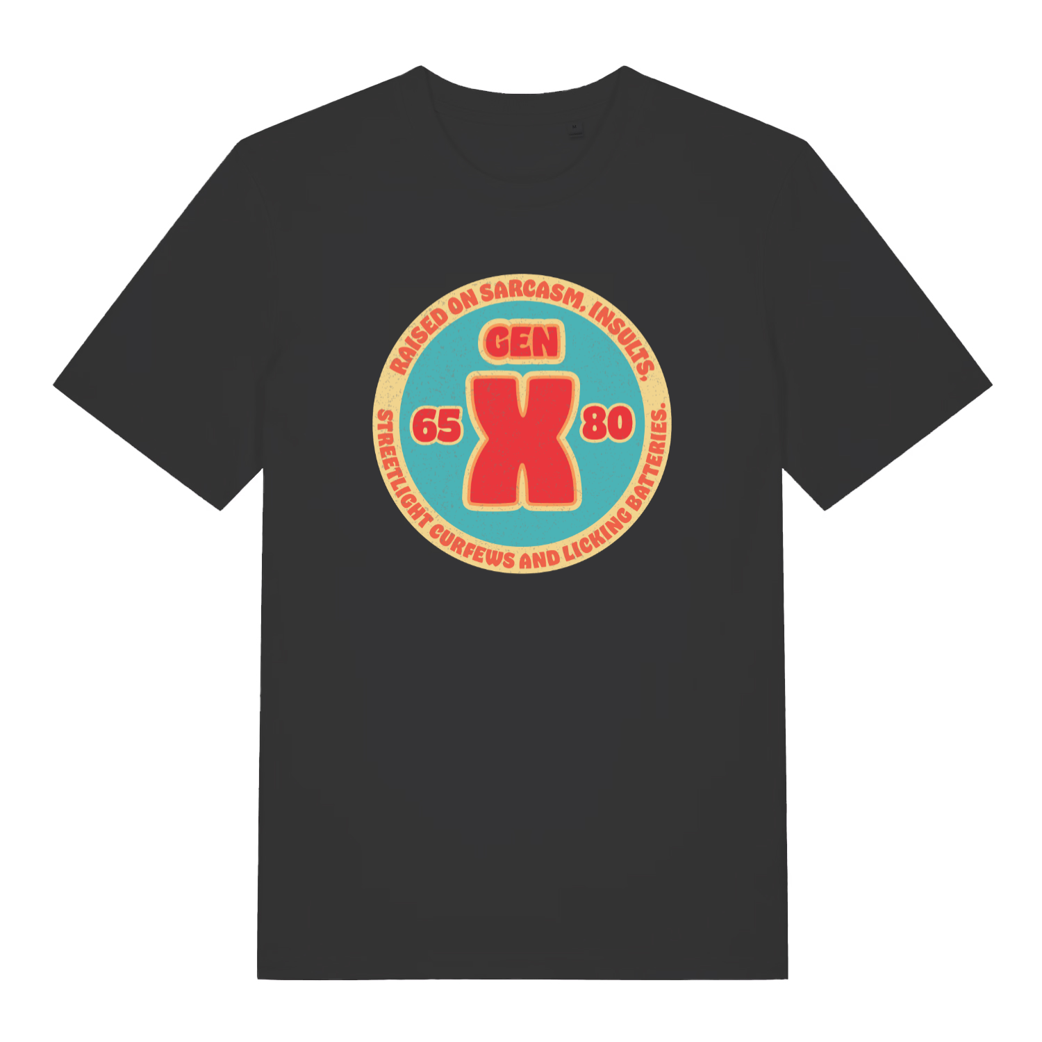 Black women's Gen X T-shirt flat lay with retro circular "GEN X" sarcasm graphic 65-80