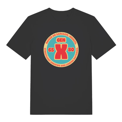 Black women's Gen X T-shirt flat lay with retro circular "GEN X" sarcasm graphic 65-80