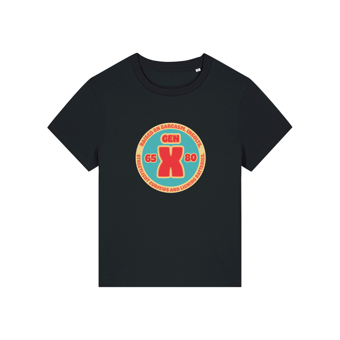 black slogan t-shirt that reads 'gen x raised on sarcasm, insults, streetlight curfews and licking batteries'