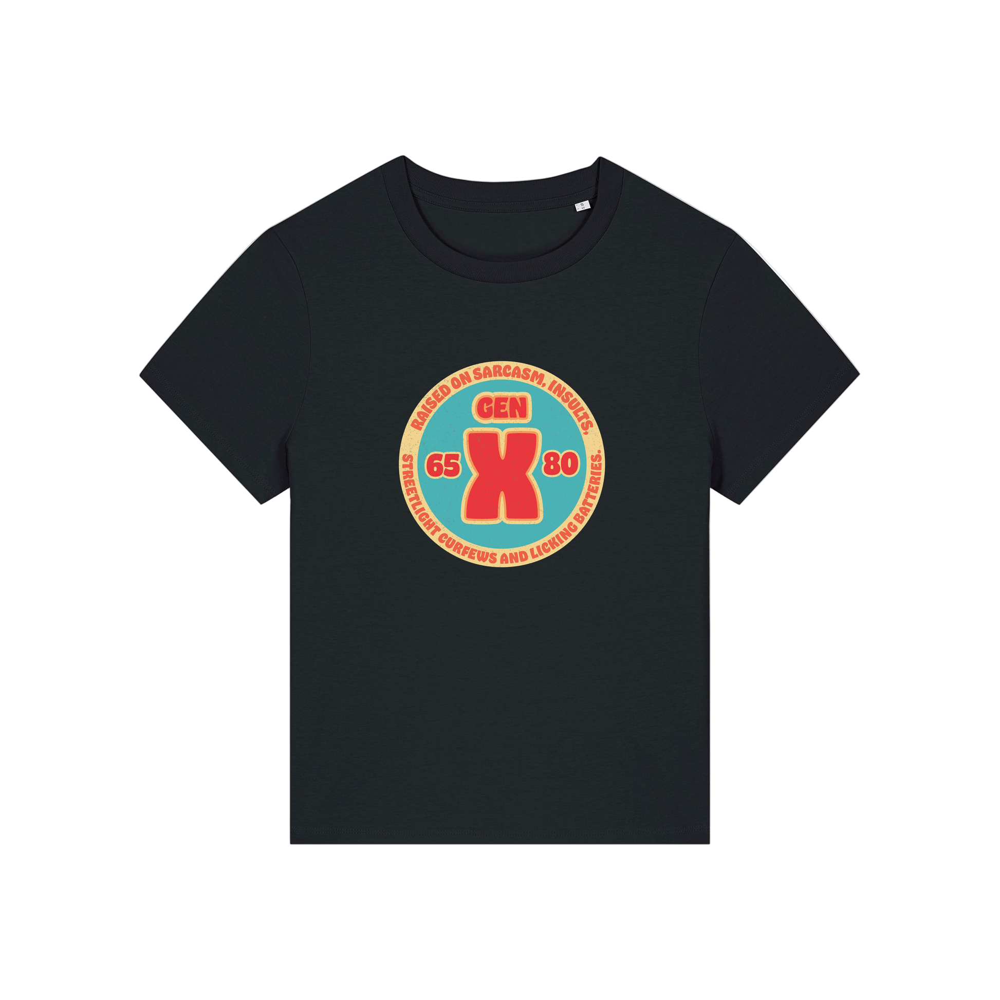 black slogan t-shirt that reads 'gen x raised on sarcasm, insults, streetlight curfews and licking batteries'
