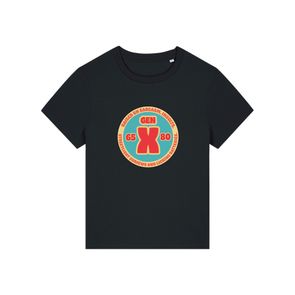 black slogan t-shirt that reads 'gen x raised on sarcasm, insults, streetlight curfews and licking batteries'