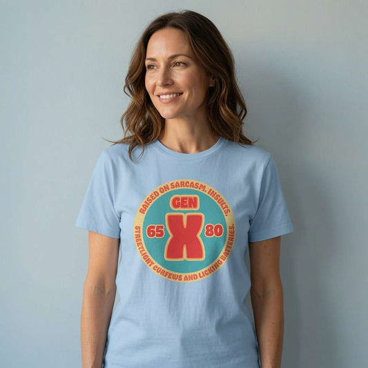 Woman smiling looking sideways in light blue Gen X tee, ladies funny gen x slogan