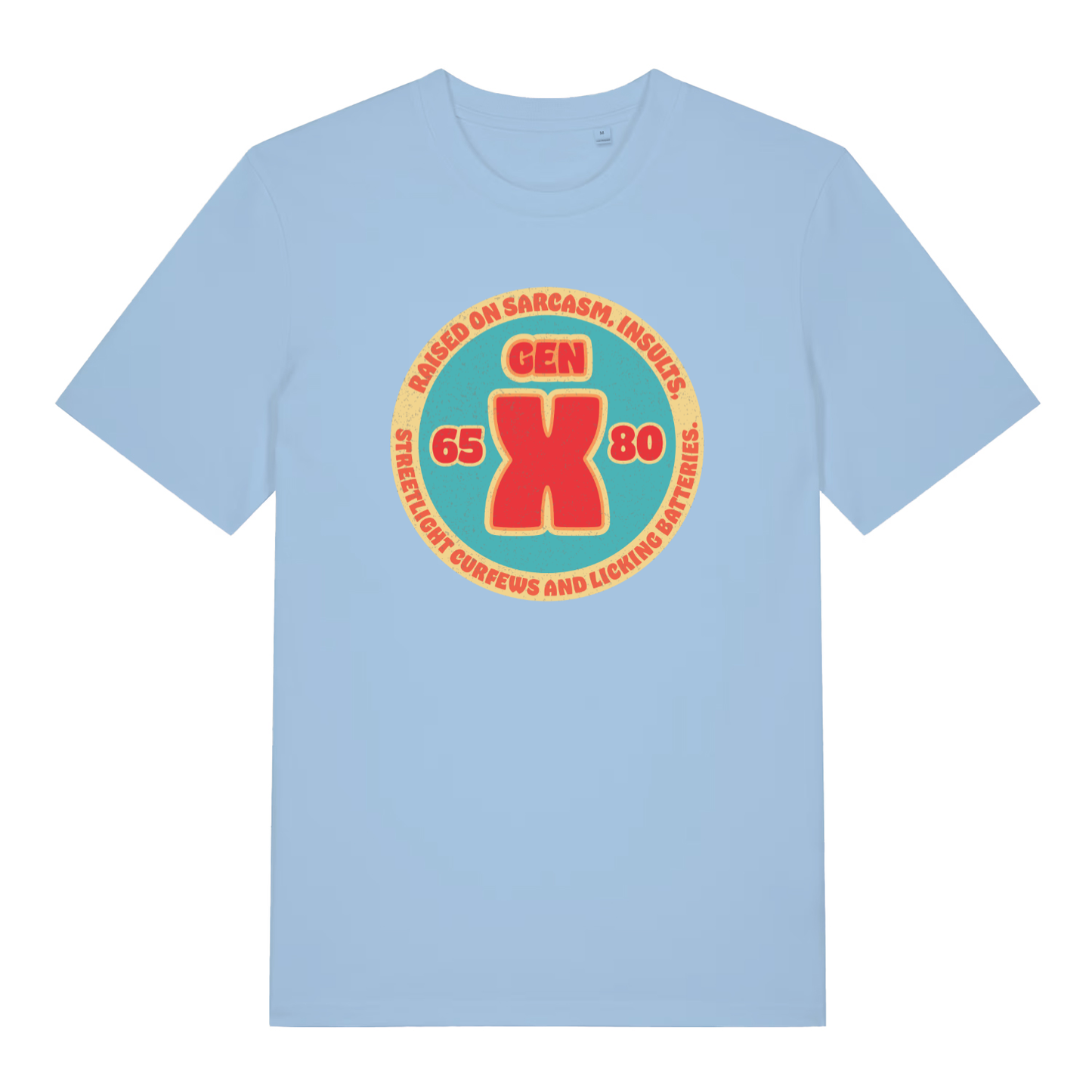 Light Blue women's Gen X T-shirt flat lay featuring funny raised on sarcasm design