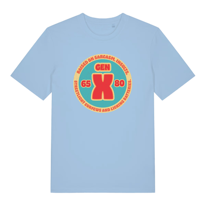 Light Blue women's Gen X T-shirt flat lay featuring funny raised on sarcasm design