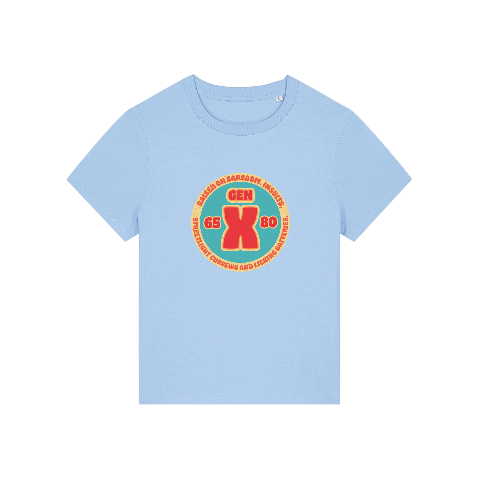 light blue slogan t-shirt that reads 'gen x raised on sarcasm, insults, streetlight curfews and licking batteries'