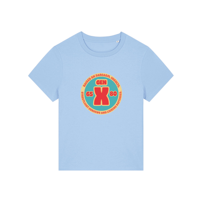 light blue slogan t-shirt that reads 'gen x raised on sarcasm, insults, streetlight curfews and licking batteries'