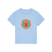 light blue slogan t-shirt that reads 'gen x raised on sarcasm, insults, streetlight curfews and licking batteries'