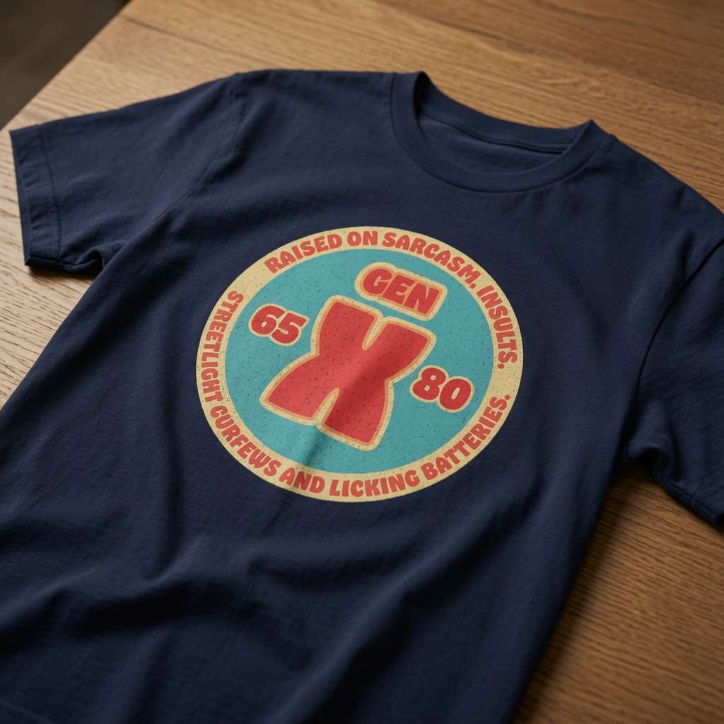 Navy Gen X t-shirt on wood featuring raised on sarcasm badge, ladies gen x mothers day gift