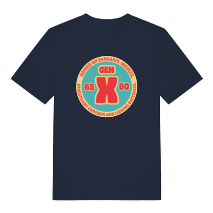 Navy women's Gen X T-shirt flat lay showing Gen X streetlight curfews and batteries slogan