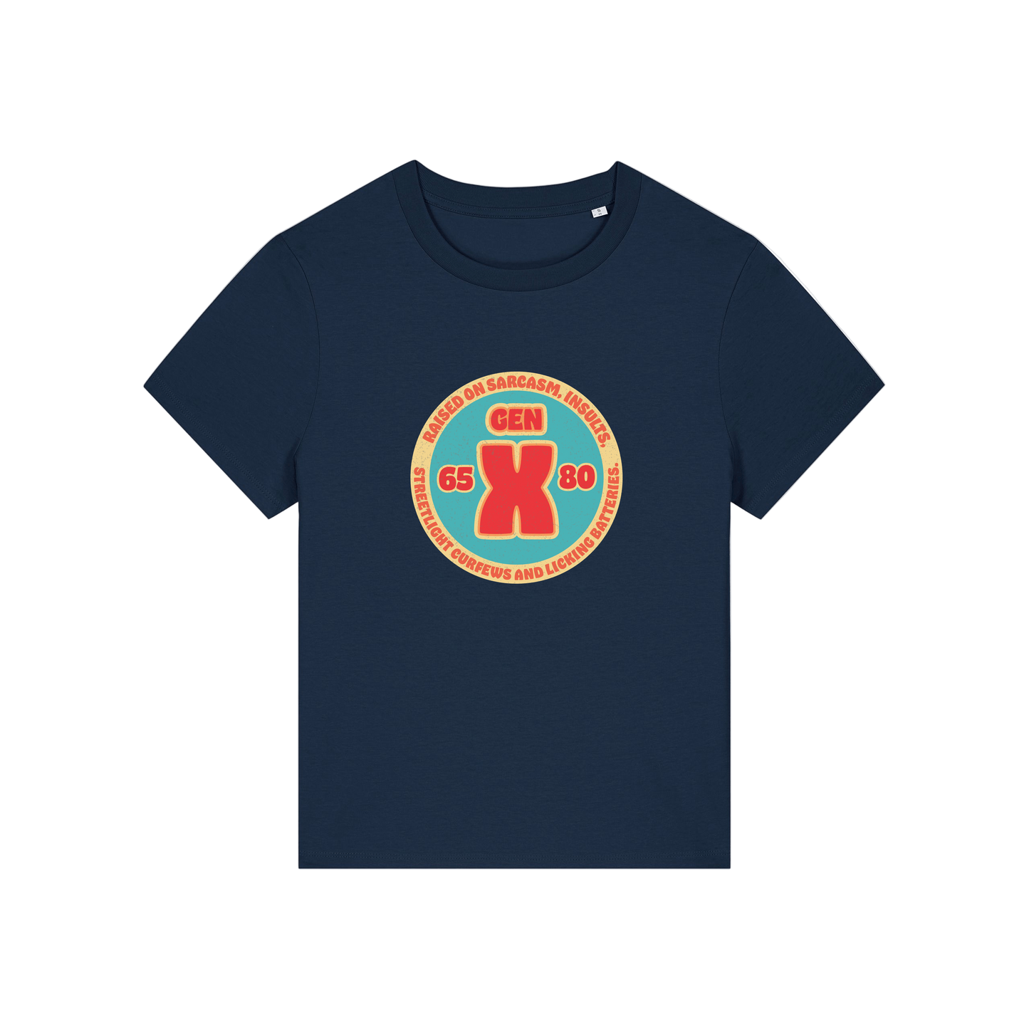 navy slogan t-shirt that reads 'gen x raised on sarcasm, insults, streetlight curfews and licking batteries'