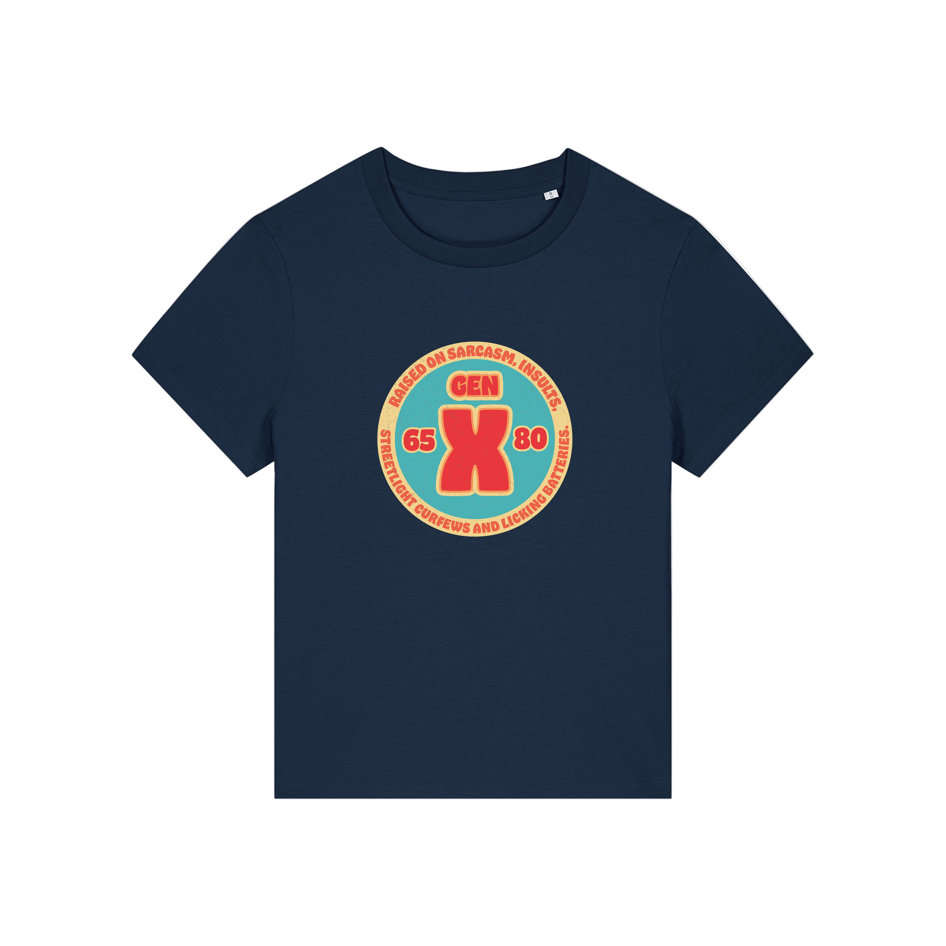 navy slogan t-shirt that reads 'gen x raised on sarcasm, insults, streetlight curfews and licking batteries'