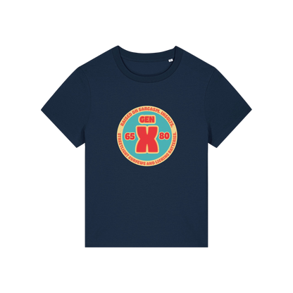 navy slogan t-shirt that reads 'gen x raised on sarcasm, insults, streetlight curfews and licking batteries'