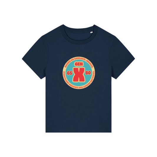 navy slogan t-shirt that reads 'gen x raised on sarcasm, insults, streetlight curfews and licking batteries'