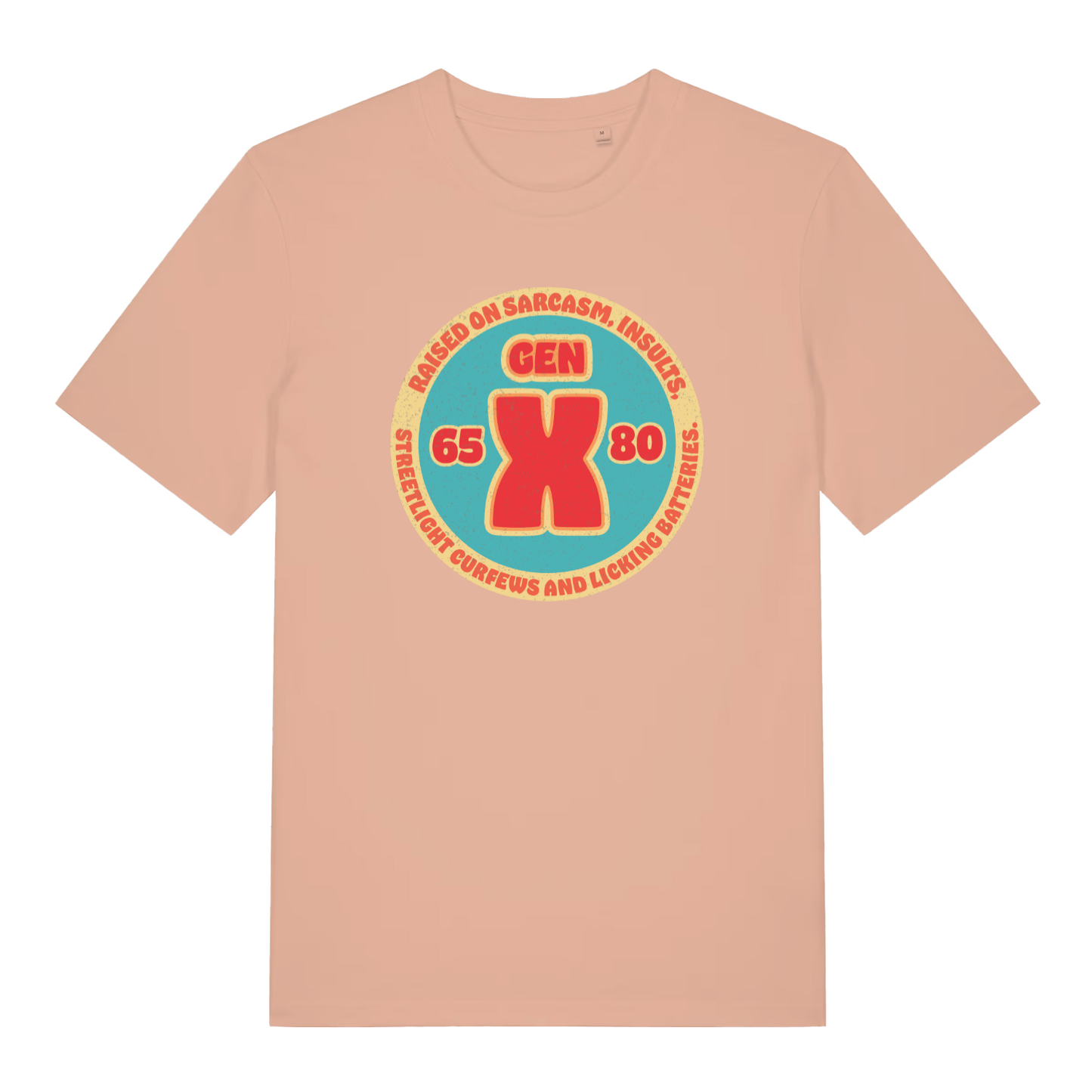 Peach women's Gen X T-shirt flat lay with retro Gen X 65-80 circular graphic