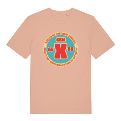 Peach women's Gen X T-shirt flat lay with retro Gen X 65-80 circular graphic