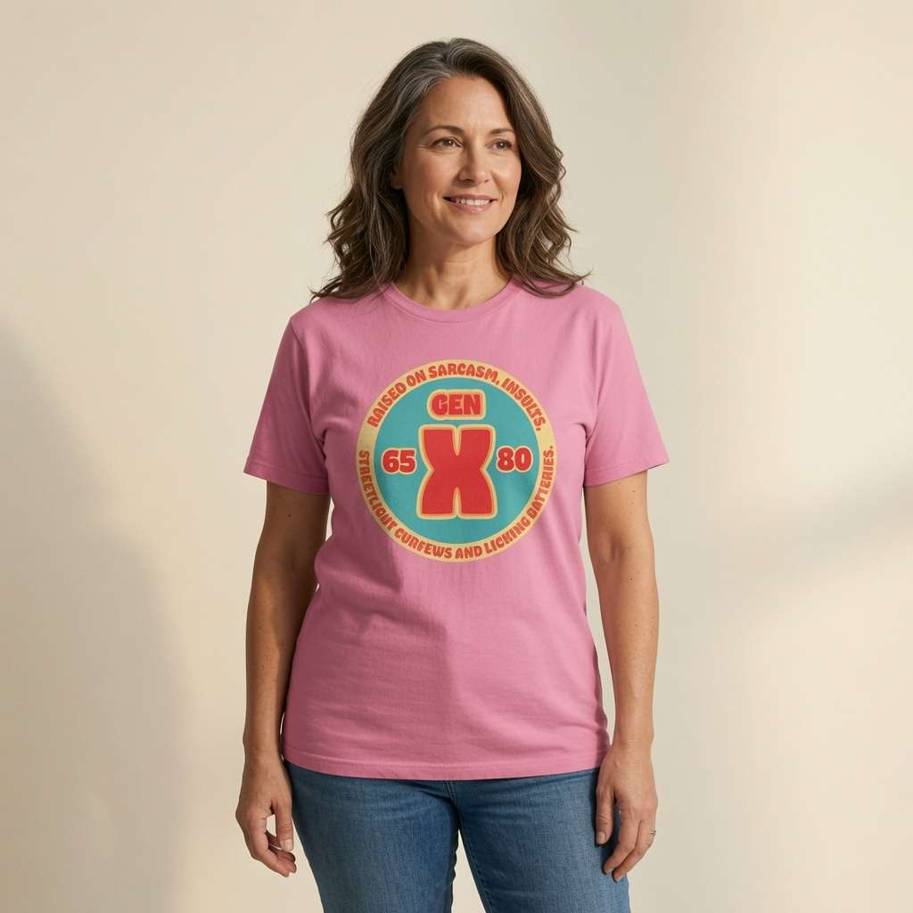 Grey-haired woman smiling in pink Gen X t-shirt with circular 65-80 design, ladies fun gen x slogan
