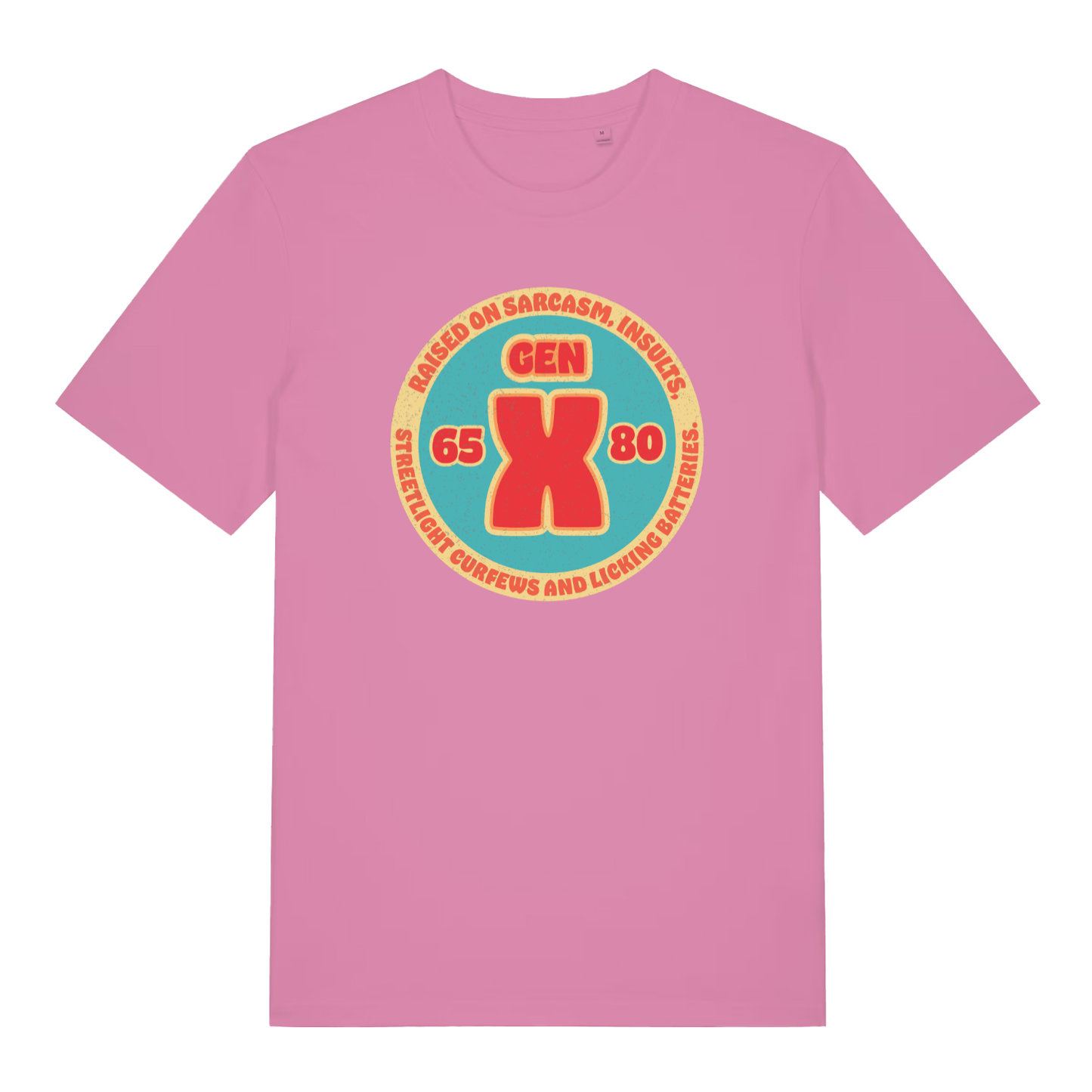 Pink women's Gen X T-shirt flat lay displaying hilarious Gen X insults and curfews design