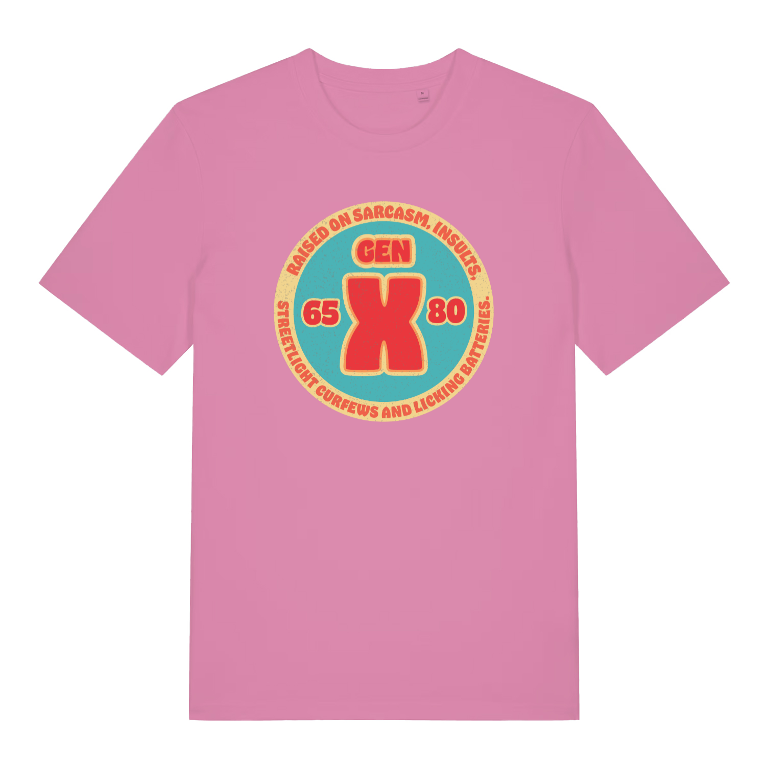 Pink women's Gen X T-shirt flat lay displaying hilarious Gen X insults and curfews design