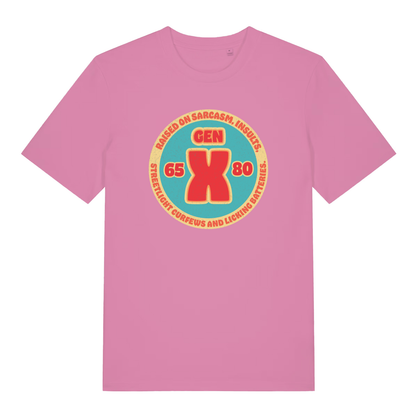 Pink women's Gen X T-shirt flat lay displaying hilarious Gen X insults and curfews design