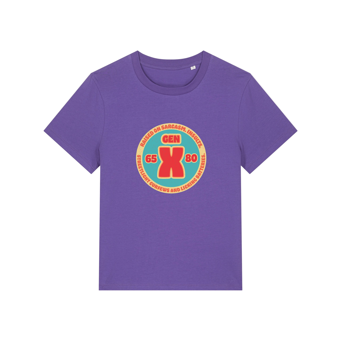 purple slogan t-shirt that reads 'gen x raised on sarcasm, insults, streetlight curfews and licking batteries'