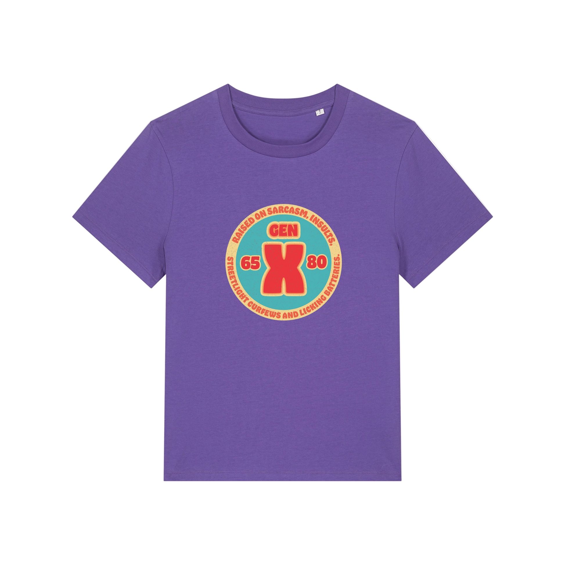 purple slogan t-shirt that reads 'gen x raised on sarcasm, insults, streetlight curfews and licking batteries'