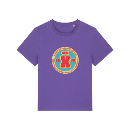 purple slogan t-shirt that reads 'gen x raised on sarcasm, insults, streetlight curfews and licking batteries'