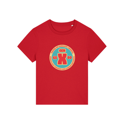 red slogan t-shirt that reads 'gen x raised on sarcasm, insults, streetlight curfews and licking batteries'