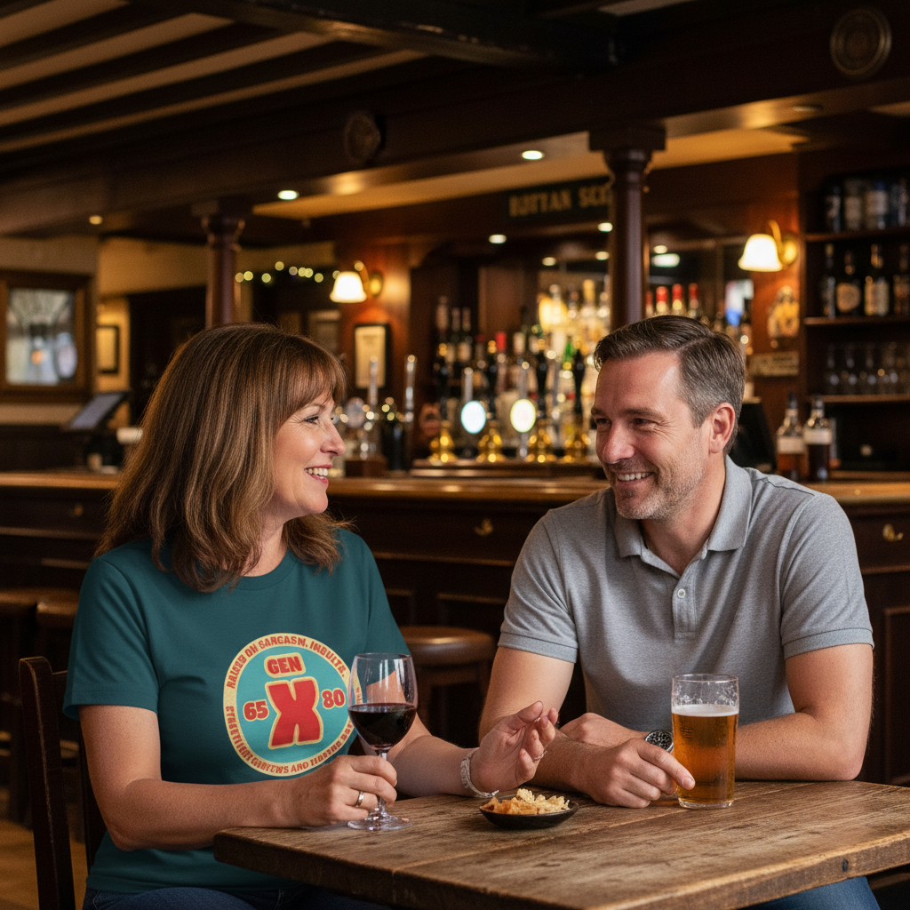 Man and woman sitting at a bar, enjoying drinks and food.