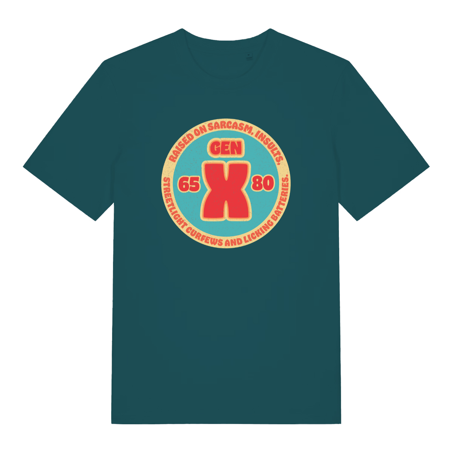 Stargazer women's Gen X T-shirt flat lay with classic Gen X raised on sarcasm illustration