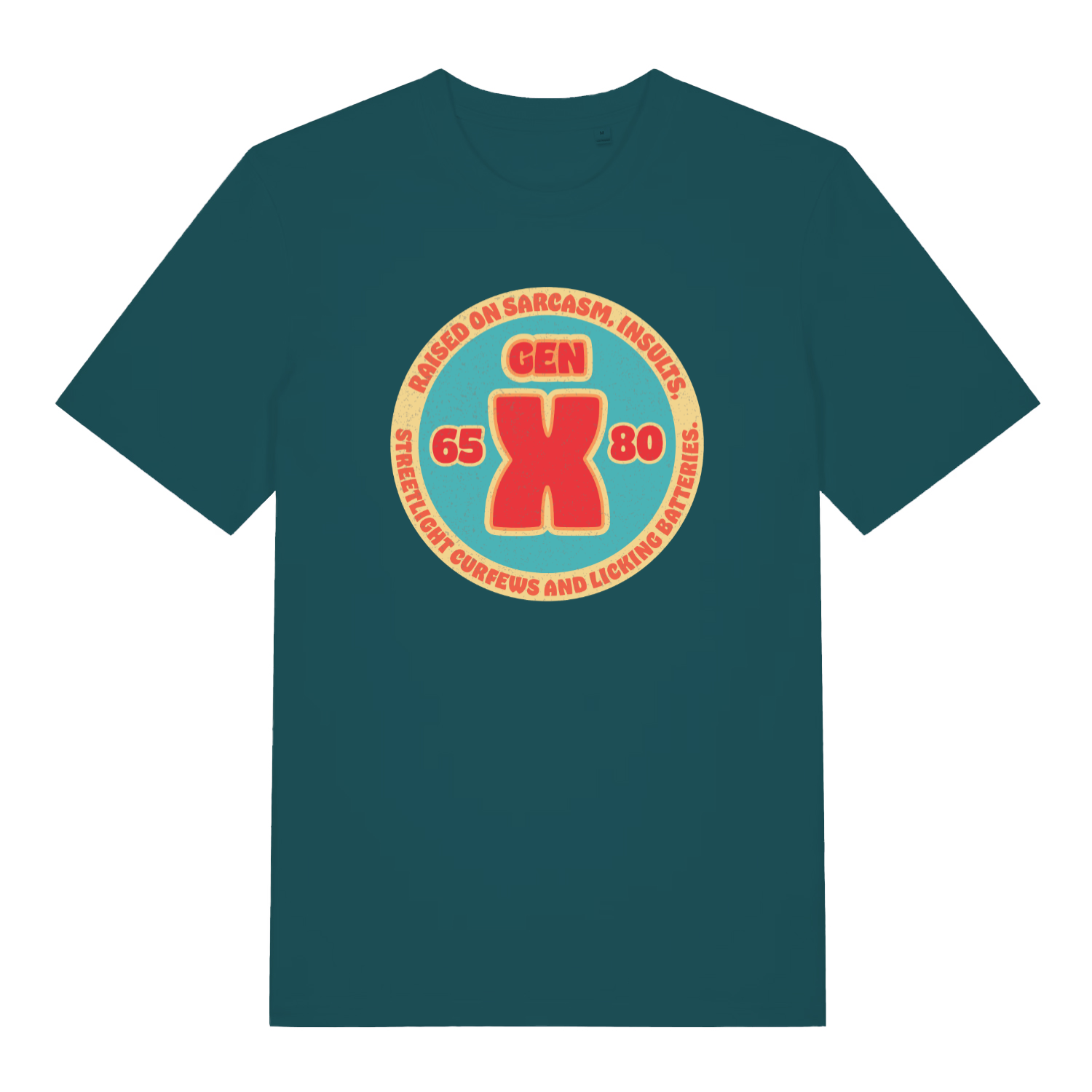 Stargazer women's Gen X T-shirt flat lay with classic Gen X raised on sarcasm illustration
