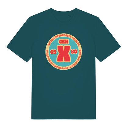 Stargazer women's Gen X T-shirt flat lay with classic Gen X raised on sarcasm illustration