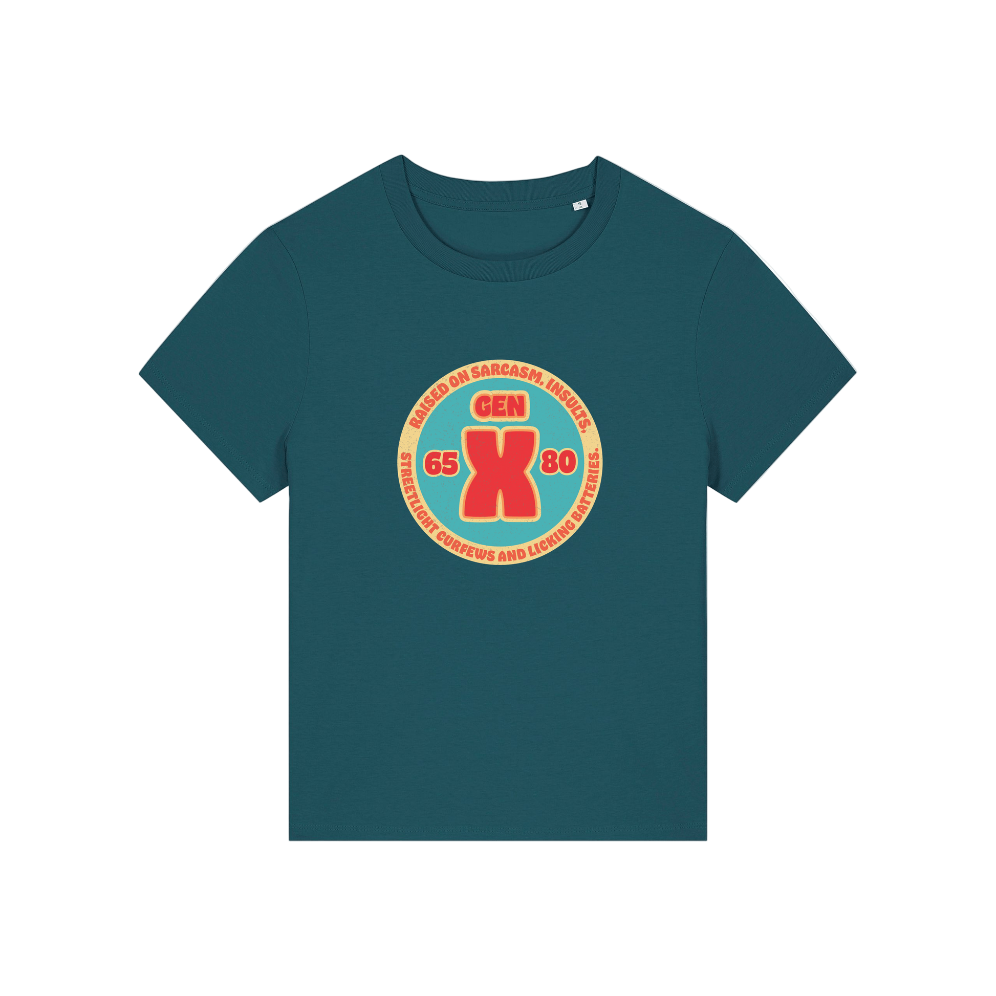 teal slogan t-shirt that reads 'gen x raised on sarcasm, insults, streetlight curfews and licking batteries'