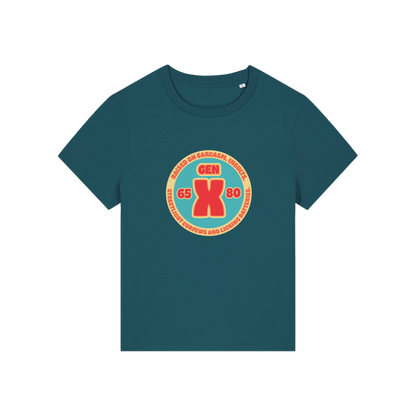 teal slogan t-shirt that reads 'gen x raised on sarcasm, insults, streetlight curfews and licking batteries'