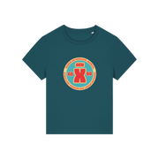 teal slogan t-shirt that reads 'gen x raised on sarcasm, insults, streetlight curfews and licking batteries'