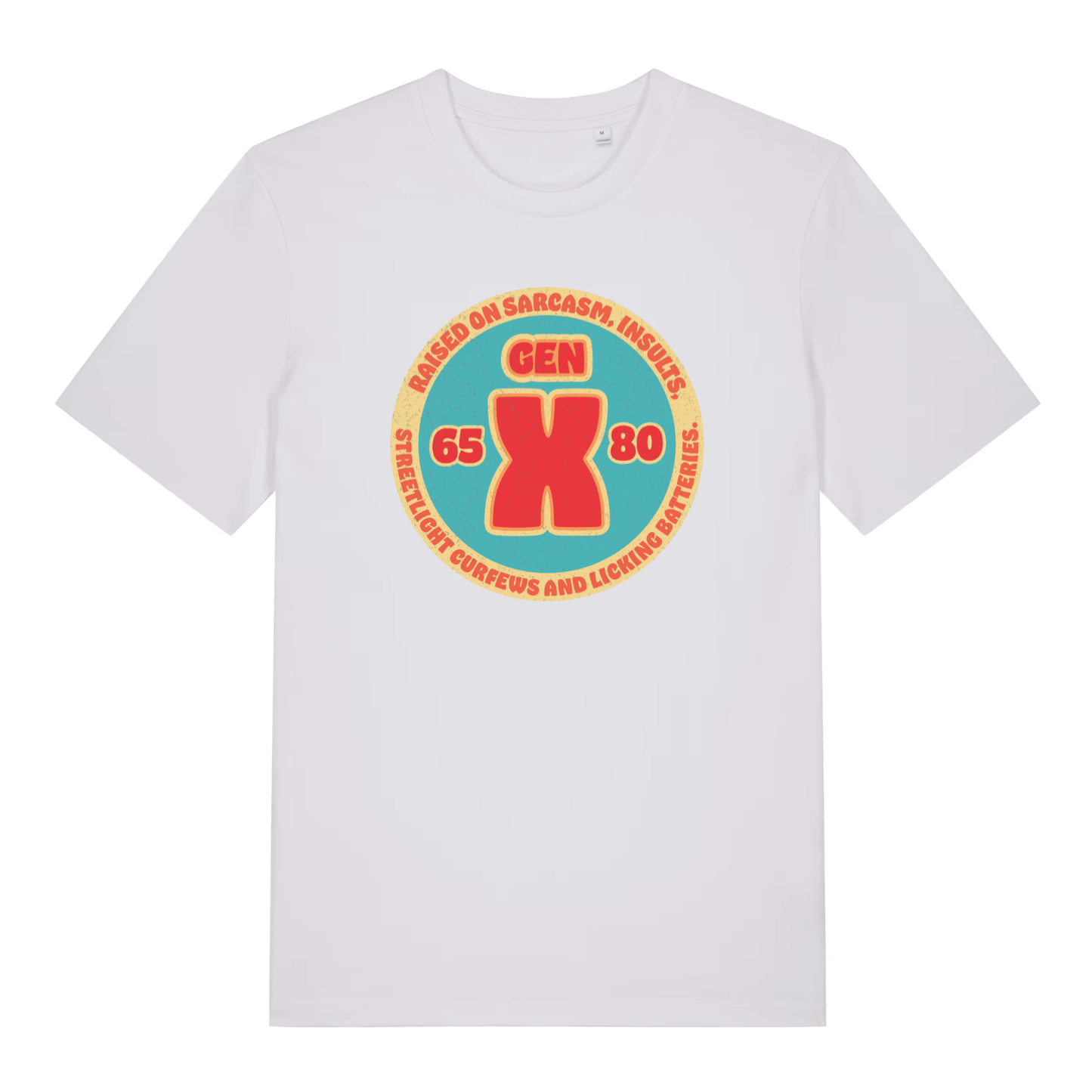 White women's Gen X T-shirt flat lay showing Gen X retro circular slogan