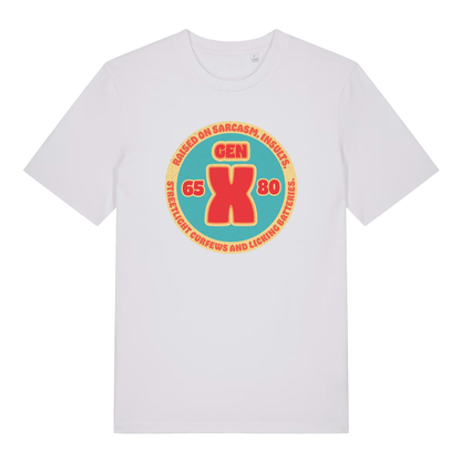 White women's Gen X T-shirt flat lay showing Gen X retro circular slogan