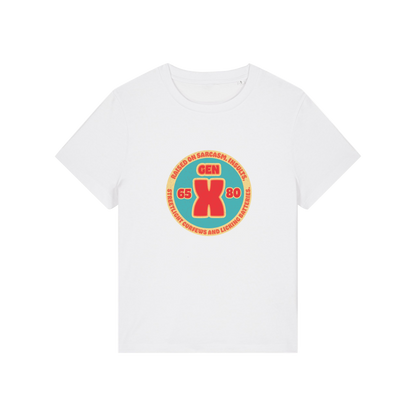 white slogan t-shirt that reads 'gen x raised on sarcasm, insults, streetlight curfews and licking batteries'
