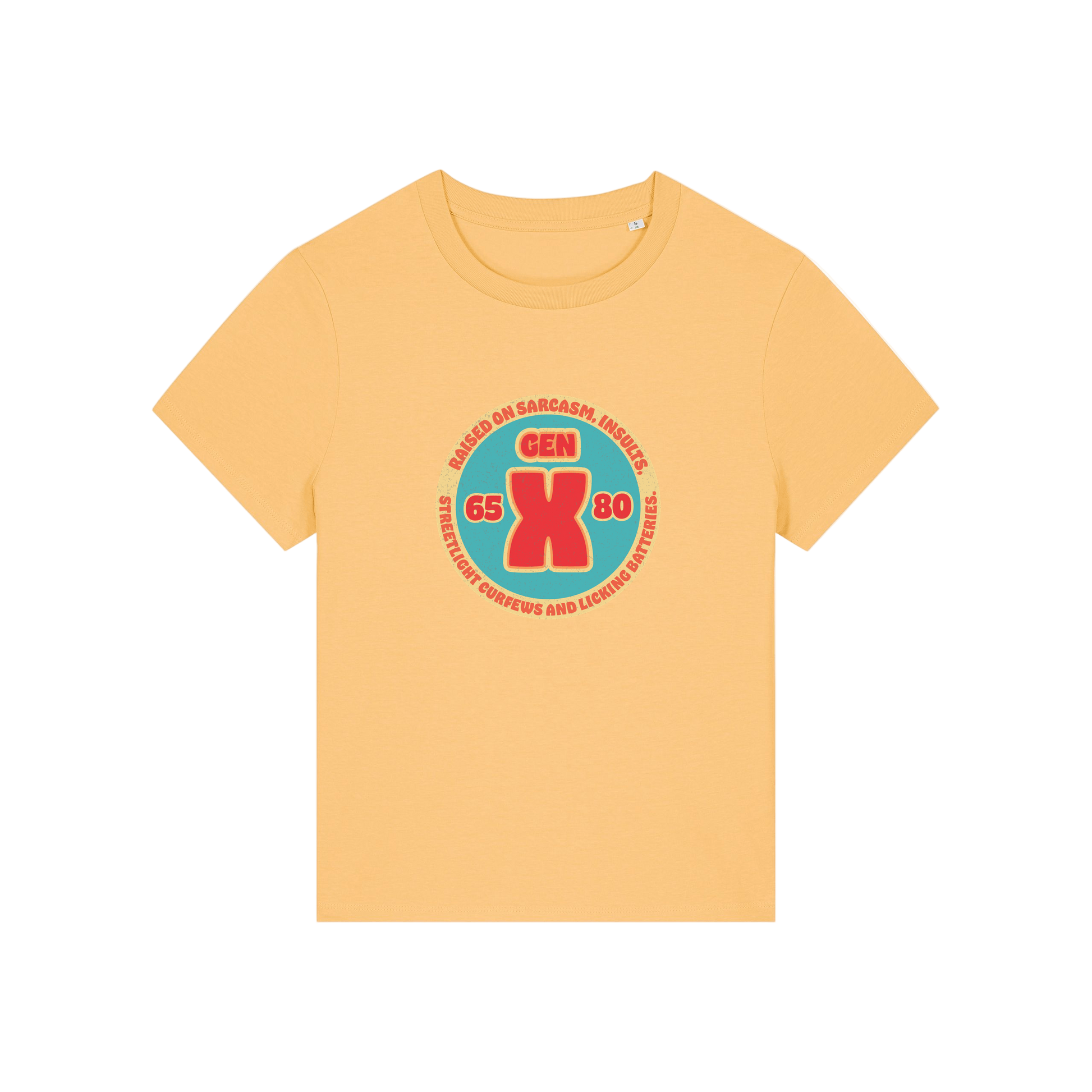 yellow slogan t-shirt that reads 'gen x raised on sarcasm, insults, streetlight curfews and licking batteries'
