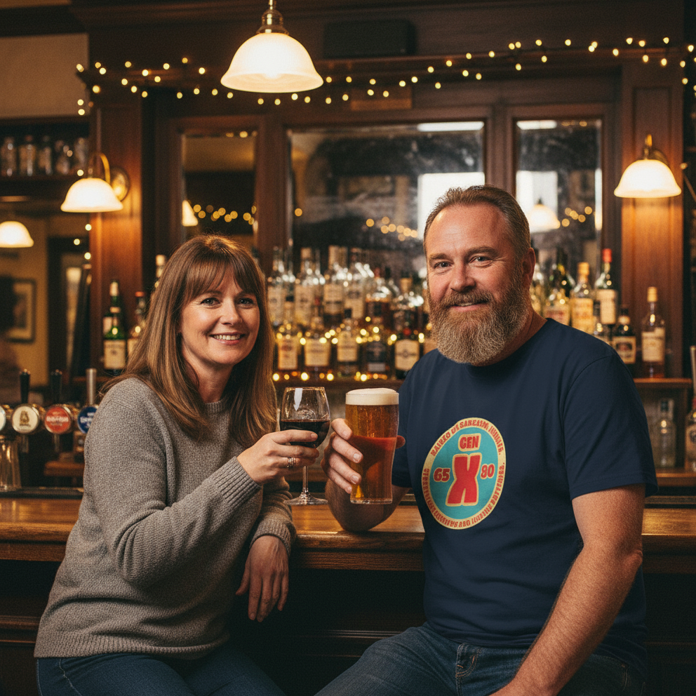 Two people sitting at a bar, one holding a glass of beer and the other a glass of wine, with a well-stocked bar in the background.