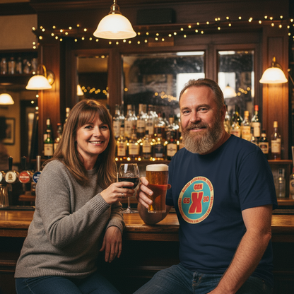 Two people sitting at a bar, one holding a glass of beer and the other a glass of wine, with a well-stocked bar in the background.