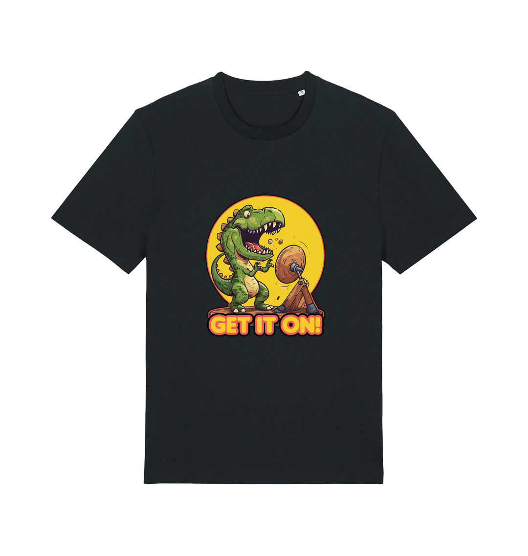 Black music t-shirt with a dinosaur graphic and 'GET IT ON!' inspired by the iconic rock band