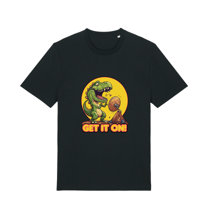 Black music t-shirt with a dinosaur graphic and 'GET IT ON!' inspired by the iconic rock band