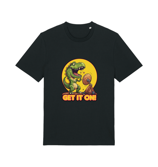 Black music t-shirt with a dinosaur graphic and 'GET IT ON!' inspired by the iconic rock band