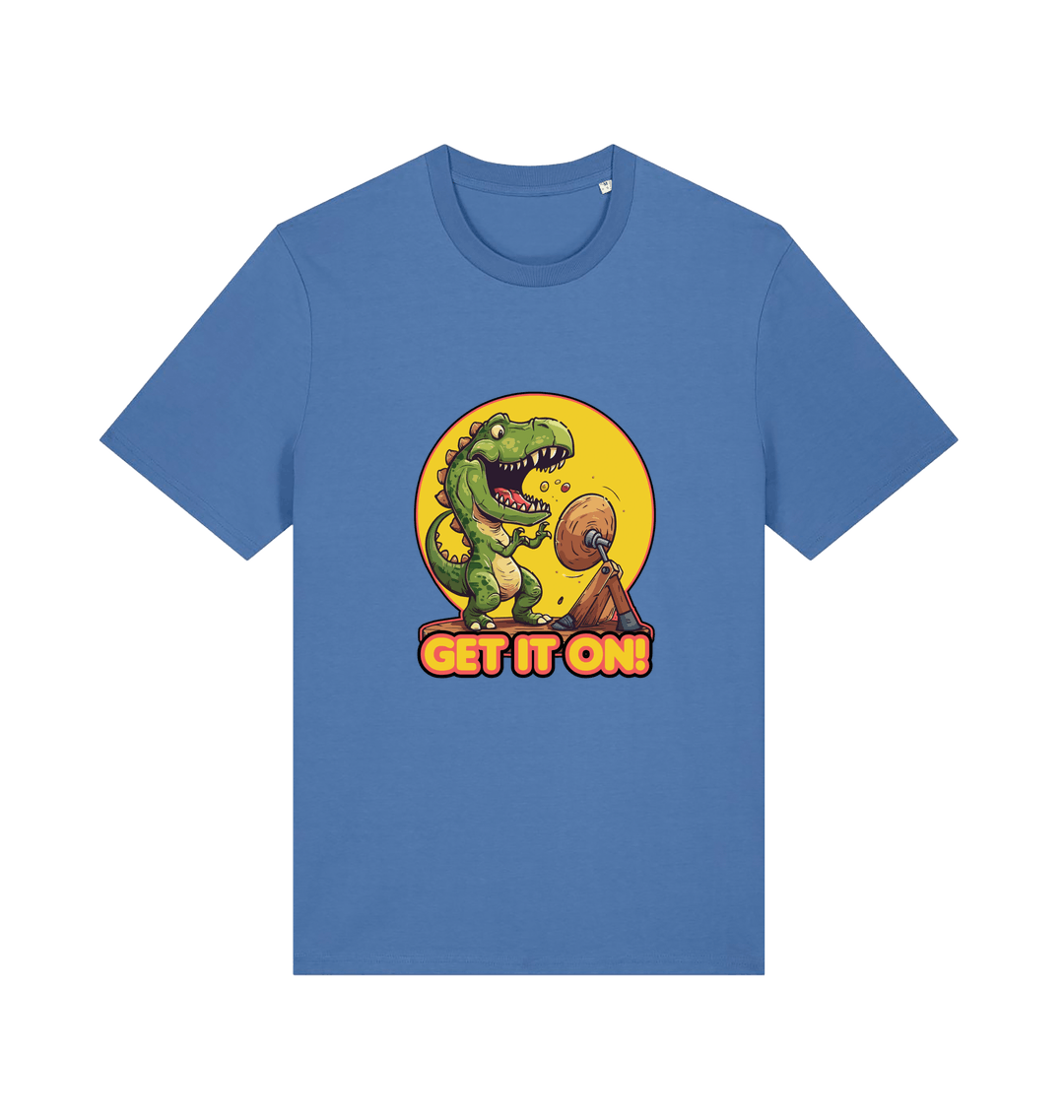 blue music t-shirt with a dinosaur graphic and 'GET IT ON!' inspired by the iconic rock band