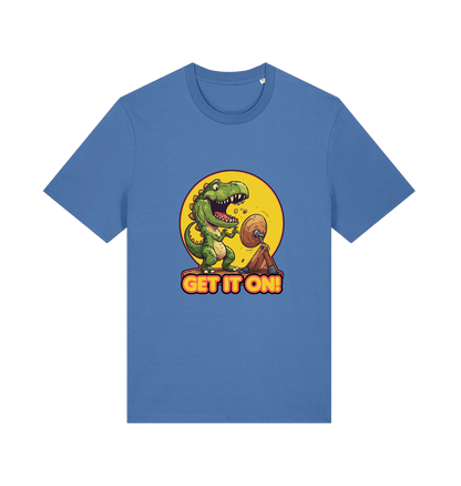 blue music t-shirt with a dinosaur graphic and 'GET IT ON!' inspired by the iconic rock band