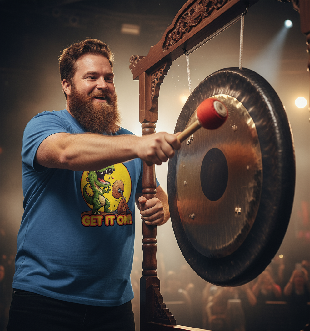 Man in blue t-shirt with graphic dinosaur design playing a large gong in a dimly lit room.