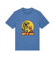 blue music t-shirt with a dinosaur graphic and 'GET IT ON!' inspired by the iconic rock band