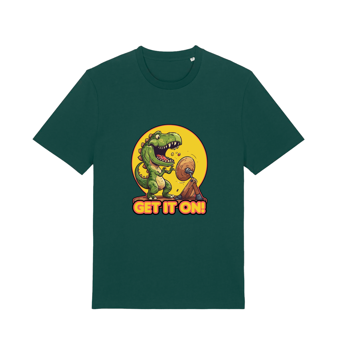 green music t-shirt with a dinosaur graphic and 'GET IT ON!' inspired by the iconic rock band